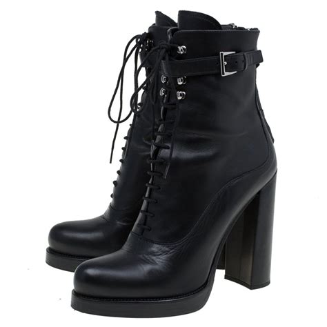 prada black leather knee-high boots|Prada block heel combat boots.